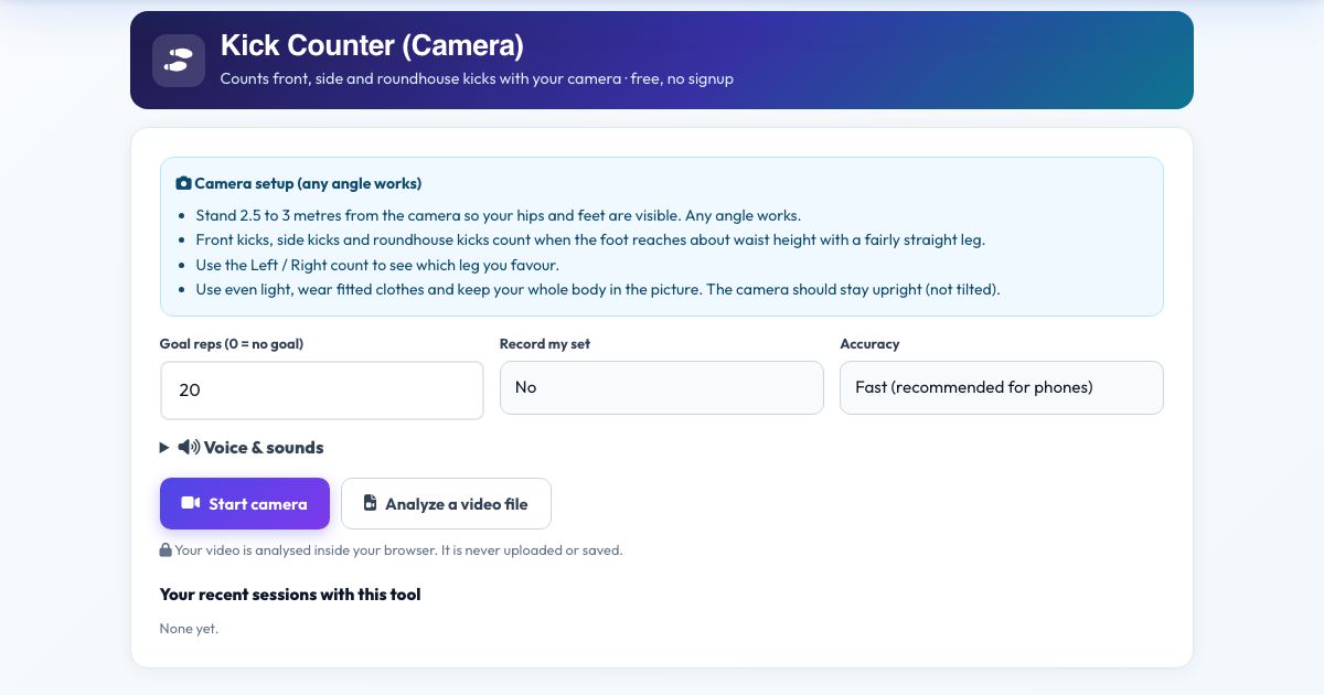 Screenshot of the free Kick Counter (Camera) tool on AZRS QuickFix