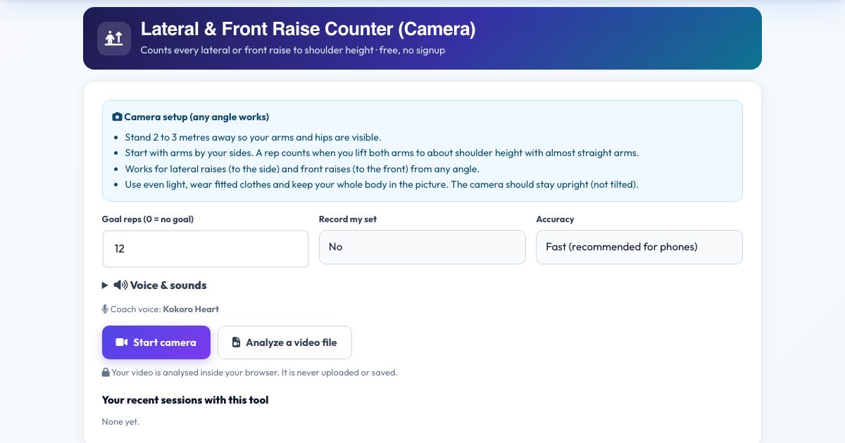 Screenshot of the free Lateral & Front Raise Counter (Camera) tool on AZRS QuickFix