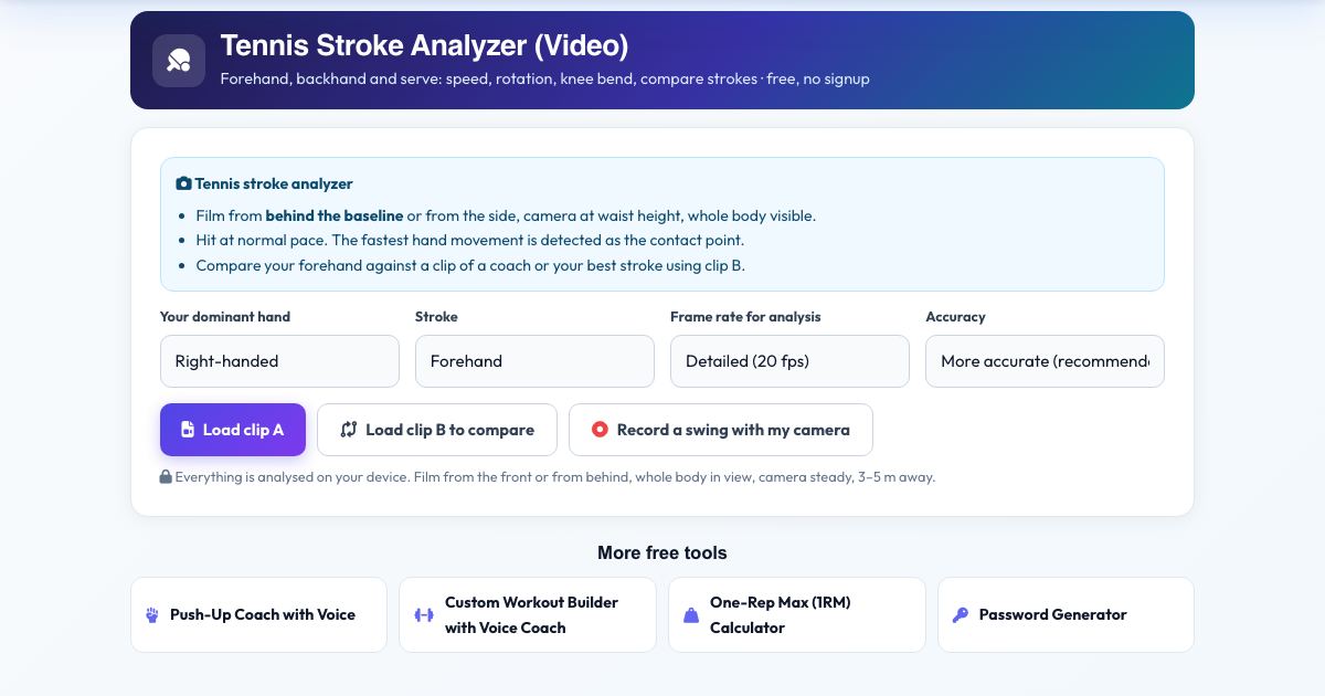 Screenshot of the free Tennis Stroke Analyzer (Video) tool on AZRS QuickFix