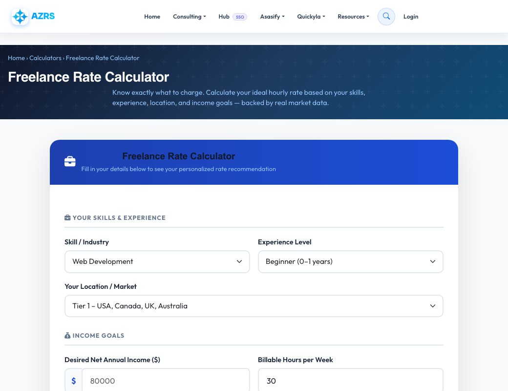 Screenshot of the free Free Freelance Rate Calculator tool on AZRS QuickFix