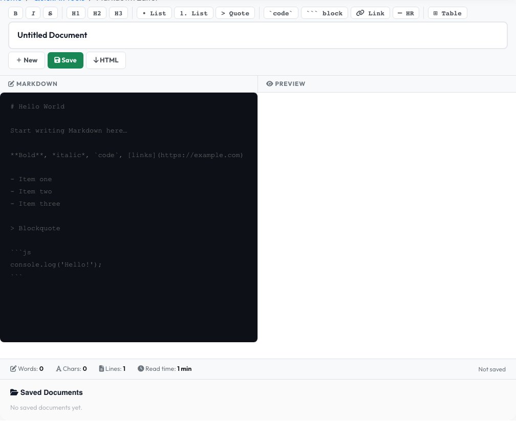 Screenshot of the free Free Online Markdown Editor with Live Preview & Saved Documents tool on AZRS QuickFix