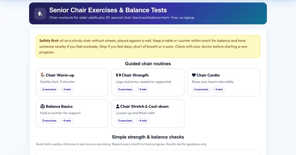 Screenshot of the free Senior Chair Exercises & Balance Tests tool on AZRS QuickFix