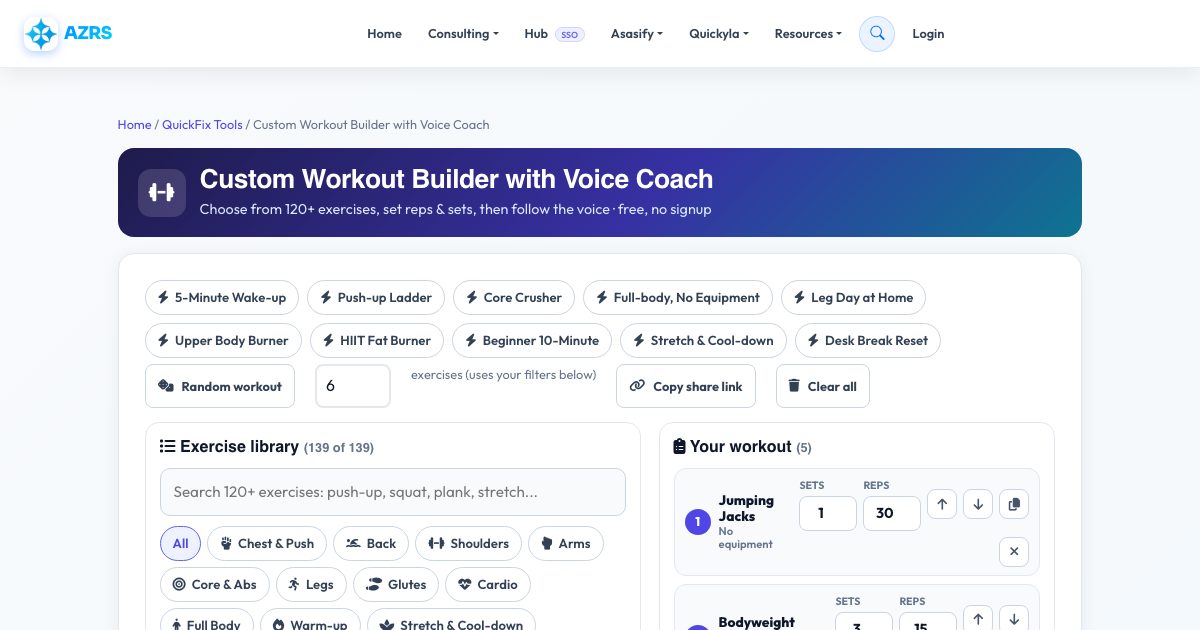 Screenshot of the free Custom Workout Builder with Voice Coach tool on AZRS QuickFix