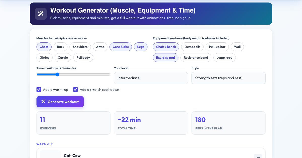 Screenshot of the free Workout Generator (Muscle, Equipment & Time) tool on AZRS QuickFix